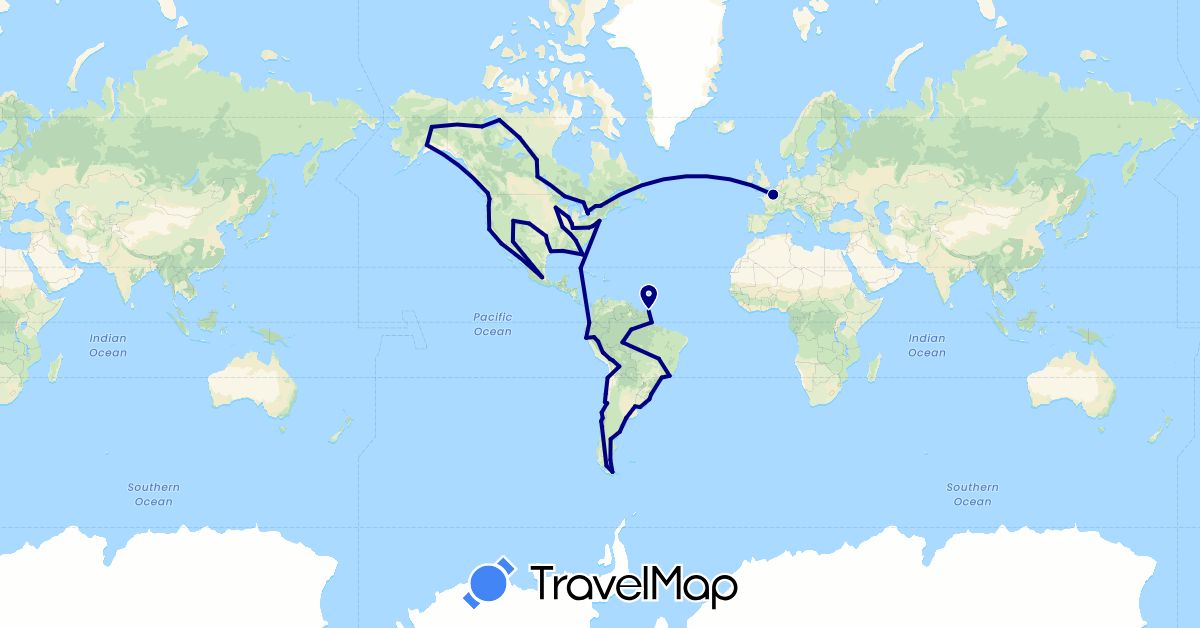 TravelMap itinerary: driving in Argentina, Bolivia, Brazil, Canada, Chile, Cuba, Ecuador, France, French Guiana, Mexico, Peru, United States, Uruguay (Europe, North America, South America)